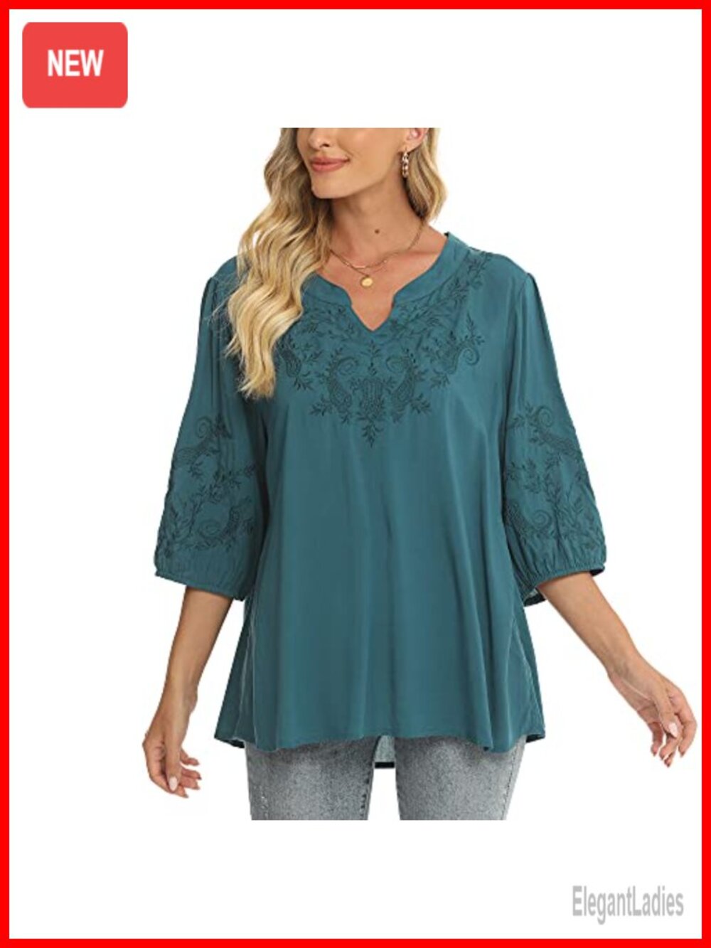 Embroidered Tunic Top V-Neck Short Sleeve Loose Fit Peasant Blouse Rayon